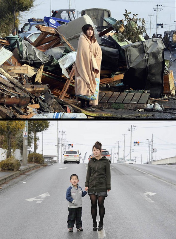 Йоко Сугимото в поисках своего сына на развалинах дома в Исиномаки, префектура Мияги, 13 марта 2011 года(вверху) и она с сыном Райто на том же месте 27 января 2012 года (внизу). (YOMIURI SHIMBNUN/TORU YAMANAKA/AFP/Getty Images)